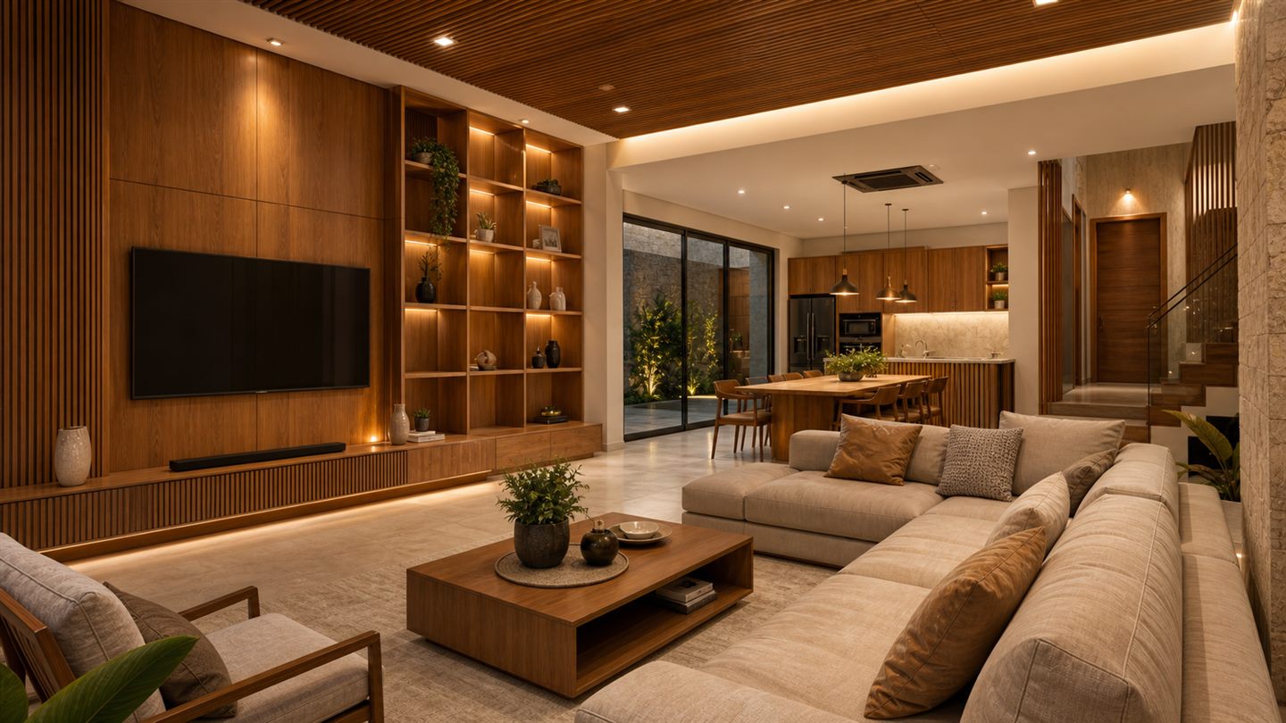 Interior com painéis e forro em madeira